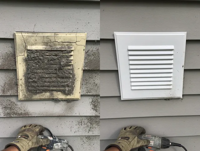 Wesley Chapel Dryer Vent Cleaning technician installing high-quality dryer vent cover at a residential property in Wesley Chapel